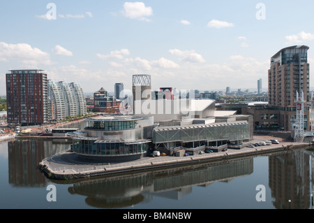 Salford Quays skyline with the Lowry Centre in the foreground Stock Photo