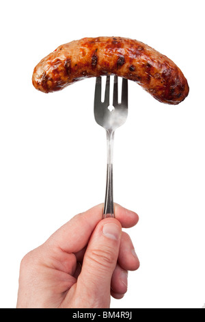 cooked sausage on a fork isolated on a white background Stock Photo