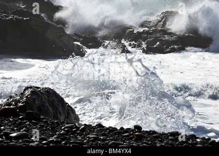 Heavy Atlantic seas with large waves crashing onto the beach at Ajuy on the Canary Island of Fuerteventura, a detail from BM506N Stock Photo