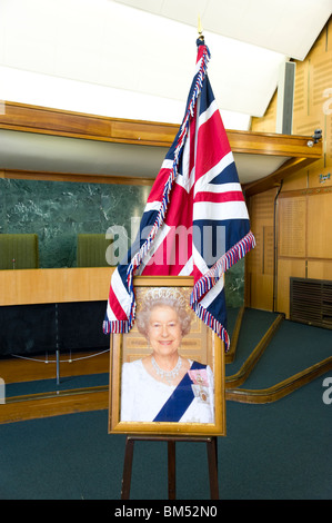 Portrait of Queen Elizabeth II and Union Jack used in British Citizenship Ceremony at Haringey Town Hall, London, England, UK Stock Photo