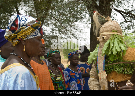 Bassari celebration with dancers on traditional clothes, Ethiolo village, Bassari country, Senegal, Africa. Stock Photo