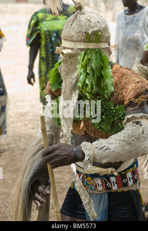 Bassari celebration with dancers on traditional clothes, Ethiolo village, Bassari country, Senegal, Africa. Stock Photo