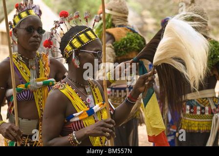 Bassari celebration with dancers on traditional clothes, Ethiolo village, Bassari country, Senegal, Africa. Stock Photo