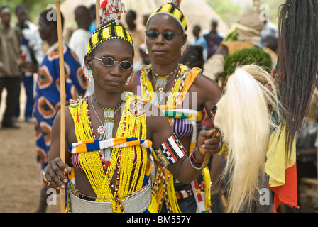 Bassari celebration with dancers on traditional clothes, Ethiolo village, Bassari country, Senegal, Africa. Stock Photo