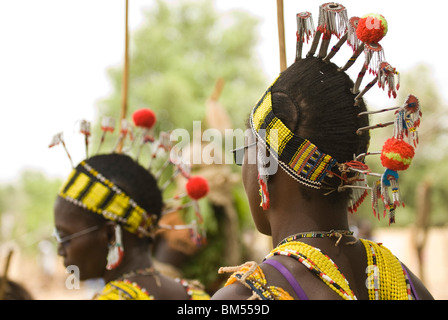 Bassari celebration with dancers on traditional clothes, Ethiolo village, Bassari country, Senegal, Africa. Stock Photo