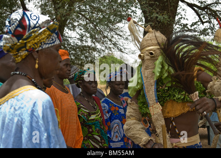 Bassari celebration with dancers on traditional clothes, Ethiolo village, Bassari country, Senegal, Africa. Stock Photo