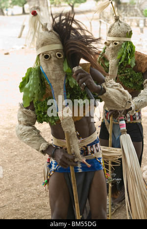 Bassari celebration with dancers on traditional clothes, Ethiolo village, Bassari country, Senegal, Africa. Stock Photo