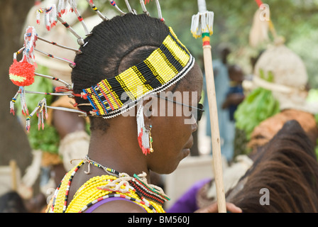 Bassari celebration with dancers on traditional clothes, Ethiolo village, Bassari country, Senegal, Africa. Stock Photo