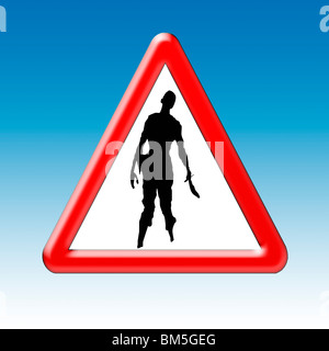 Warning Zombies! Graphical representation using Road Warning Sign with Black Silhouette of a Zombie Stock Photo