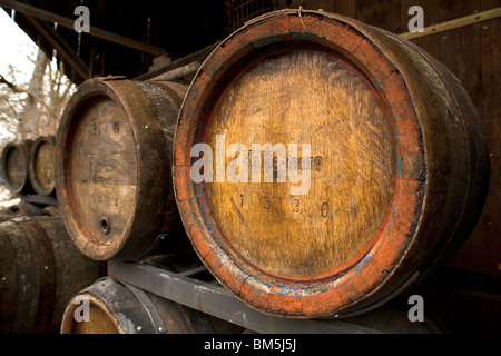 Wooden beer barrels outside of the Schloss Kaltenberg Brewery in Bavaria, Germany.