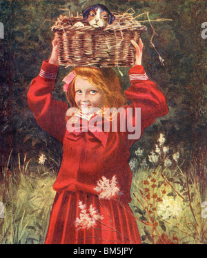 Is it safe?  Girl Carries her Pet Dog in a Wicker Basket on her Head Stock Photo