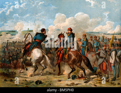 Napoleon III leading French and Sardinian forces against the Austrians at Solferino, Italy, 1859. Color lithograph Stock Photo