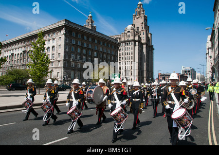 The Band of the Royal Marines marching through the City of Liverpool Stock Photo