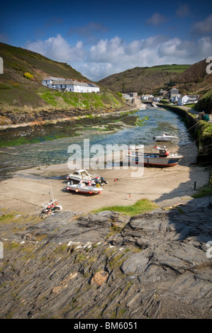 Fishing boats moored in the harbour at Boscastle in Cornwall, England, UK Stock Photo