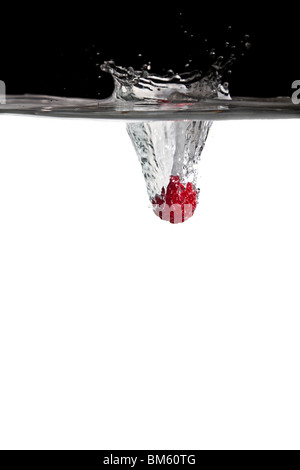 one raspberry thrown in water with black and white background Stock Photo