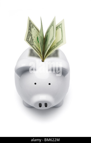 White piggy bank and US dollars on white background