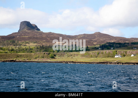 The Isle of Eigg with An Sgurr from the sea, Eigg, Western Isles, Scotland, UK Stock Photo