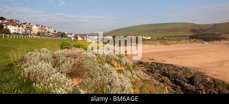 UK, England, Devon, Woolacombe Sands beach in late afternoon light, panoramic Stock Photo