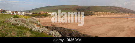 UK, England, Devon, Woolacombe Sands Beach in late afternoon light, panoramic Stock Photo