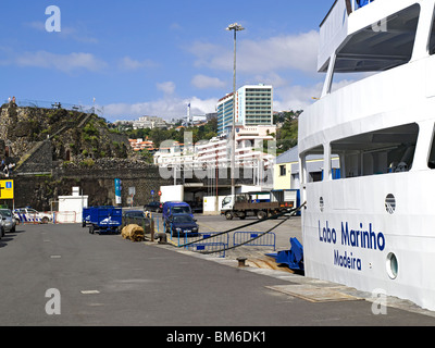 Lobo Marinho Porto Santo passenger car vehicle Ferry moored in the harbour close to Fort Sao Jose and hotels Funchal Madeira Portugal EU Europe Stock Photo