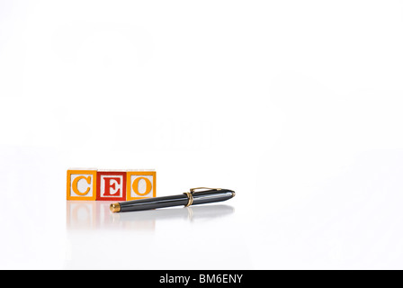 Colorful children's blocks spelling CEO with executive style pen Stock Photo