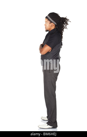 Handsome African businessman with long hair in black suit on white background. NOT ISOLATED Stock Photo