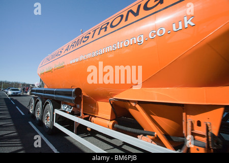 A tanker crossing the newly opened road bridge in Workington, Cumbria, UK. Stock Photo