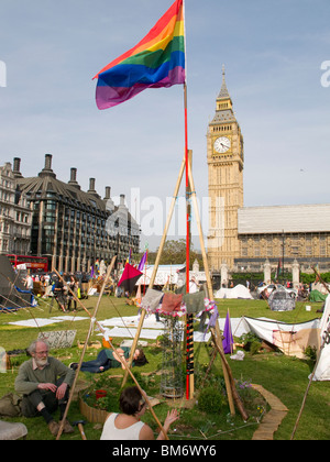 Peace camp of tents and banners set up by various activist groups in Parliament Square London May 2010 Stock Photo