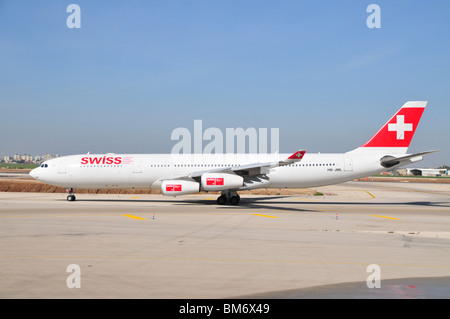 Israel, Ben-Gurion international Airport Swiss Air Lines passenger jet ready for takeoff Stock Photo