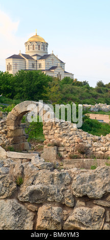 Evening Chersonesos (ancient town) and St Vladimir's Cathedral (Sevastopol, Crimea, Ukraine) Stock Photo