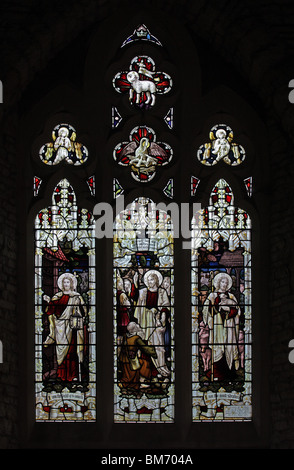 Stained Glass Window Episodes in the Life of Christ; Light of the World; Performing Miracles; Good Shepherd; Glass by Frank Holt & Co. of Warwick Stock Photo