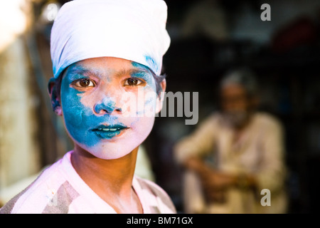 Portrait of a boy during holi celebrations in Matura India Stock Photo