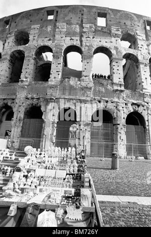 Rome, Italy, 30 January 2010 -- Souvenir stand outside the Colosseum, captured in black and white on Agfa APX 100 negative film. Stock Photo