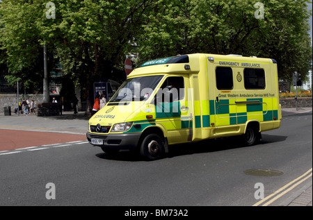 Yellow British Ambulance on a call Stock Photo