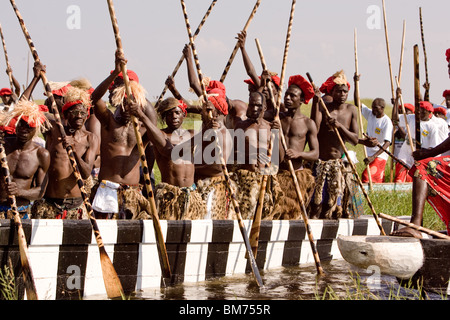 Paddlers in Kuomboka ceremony in Zambia Stock Photo