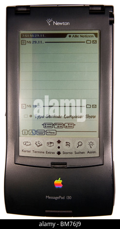 The old Apple Newton MessagePad 130. A small handheld computer. With the pen you could write on the pressure-sensitive screen. Stock Photo