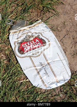 A discarded Stella Artois can littering the countryside. Stock Photo