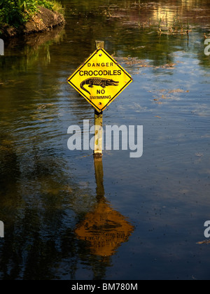 A sign in an English lake saying Danger Crocodiles No Swimming Stock Photo