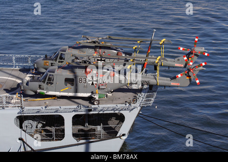 German Navy Super Lynx Mk88A military helicopters on board the frigate Augsburg Stock Photo