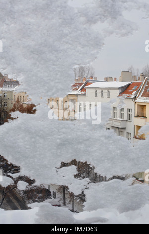 View out of a snow covered window, Berlin, Germany Stock Photo