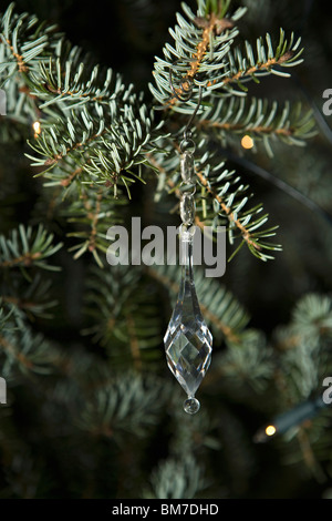 A crystal icicle ornament hanging from a tree branch Stock Photo