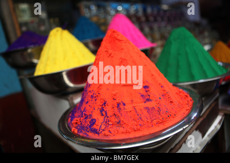 Coloured colored kumkum powder on display in Devaraja market in Mysore ...