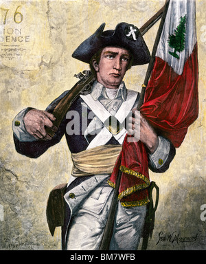 New England soldier carrying the Pine Tree flag, Revolutionary War.  Hand-colored woodcut of a painting by George Maynard