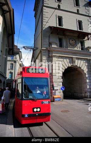 A red tram in the UNESCO world heritage site of Bern the capital city ...