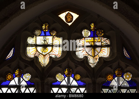 UK, Cornwall, Laneast, church of St Sidwell and St Gulval, interior old stained glass window Stock Photo