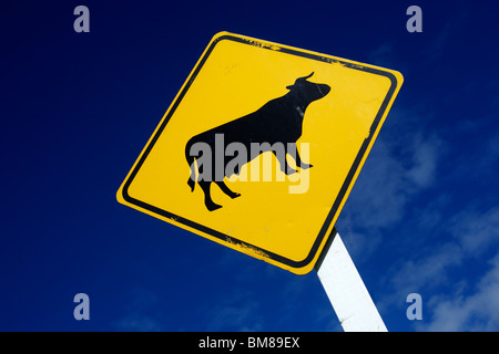 Roadsign warning of cattle in the road Stock Photo