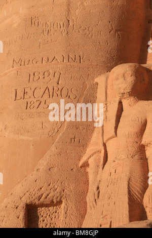 Graffiti by 19th-century tourists to the Temple of Ramses II (Ramses The Great) in Abu Simbel, Egypt Stock Photo