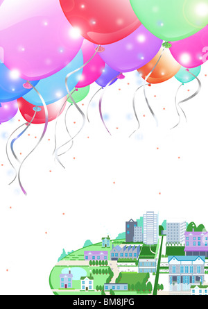 Bunch of colorful balloons flying over city, white background, computer graphic Stock Photo