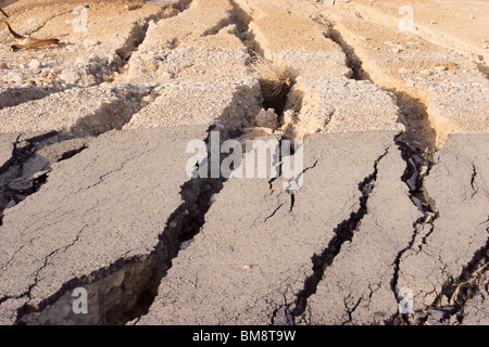 Israel, Dead Sea Damage caused by a sinkhole. The sinkholes are caused by the receding water level of the Dead Sea Stock Photo