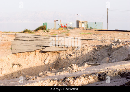 Israel, Dead Sea Damage caused by a sinkhole. The sinkholes are caused by the receding water level of the Dead Sea Stock Photo